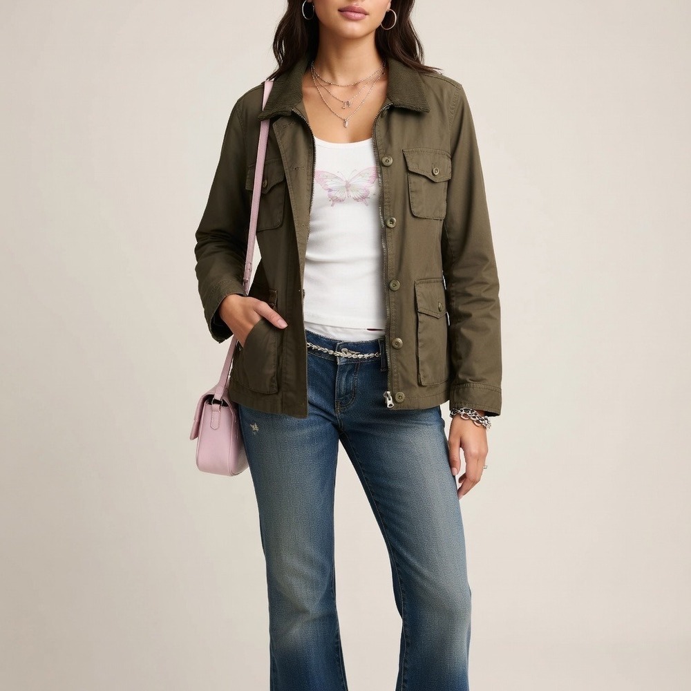J.Crew Washed & Aged Utility Jacket Olive Green Cotton Field Coat Womens Large